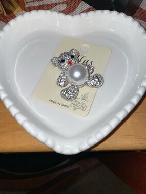 Silver Crystal Teddy Bear Brooch with Pearl Accent